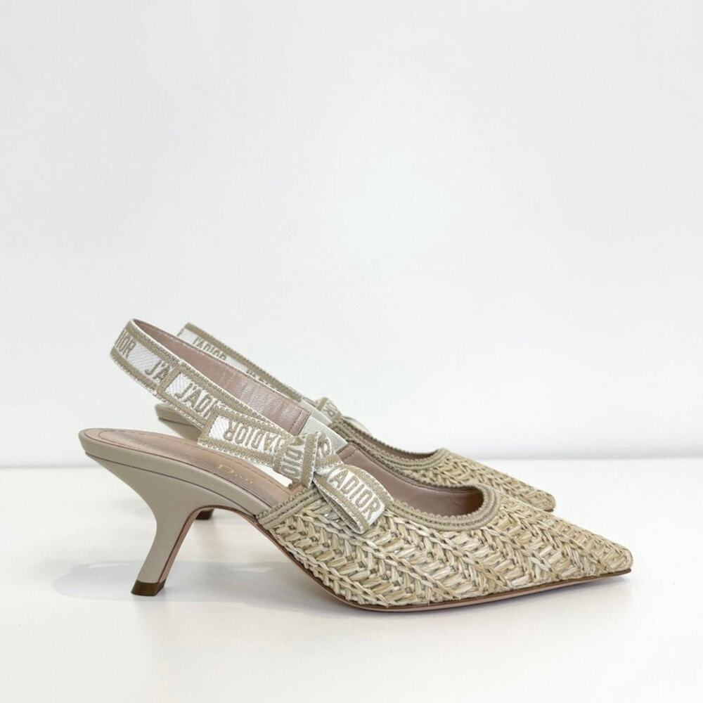 Christian DIOR J'adior Raffia Logo Trim Bow Slingbacks 38 NEW Woven Kitten Heels